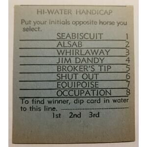 Vintage Hi-Water Handicap Horse Racing Game 40's? Ticket Game Chance NOS PB5